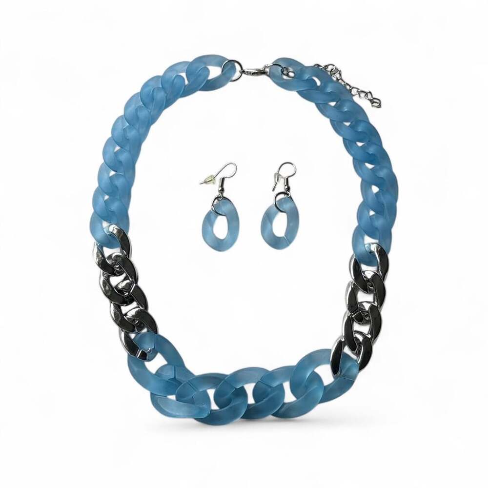 Unbranded Blue Acrylic Chunky Chain Necklace and Earrings Set